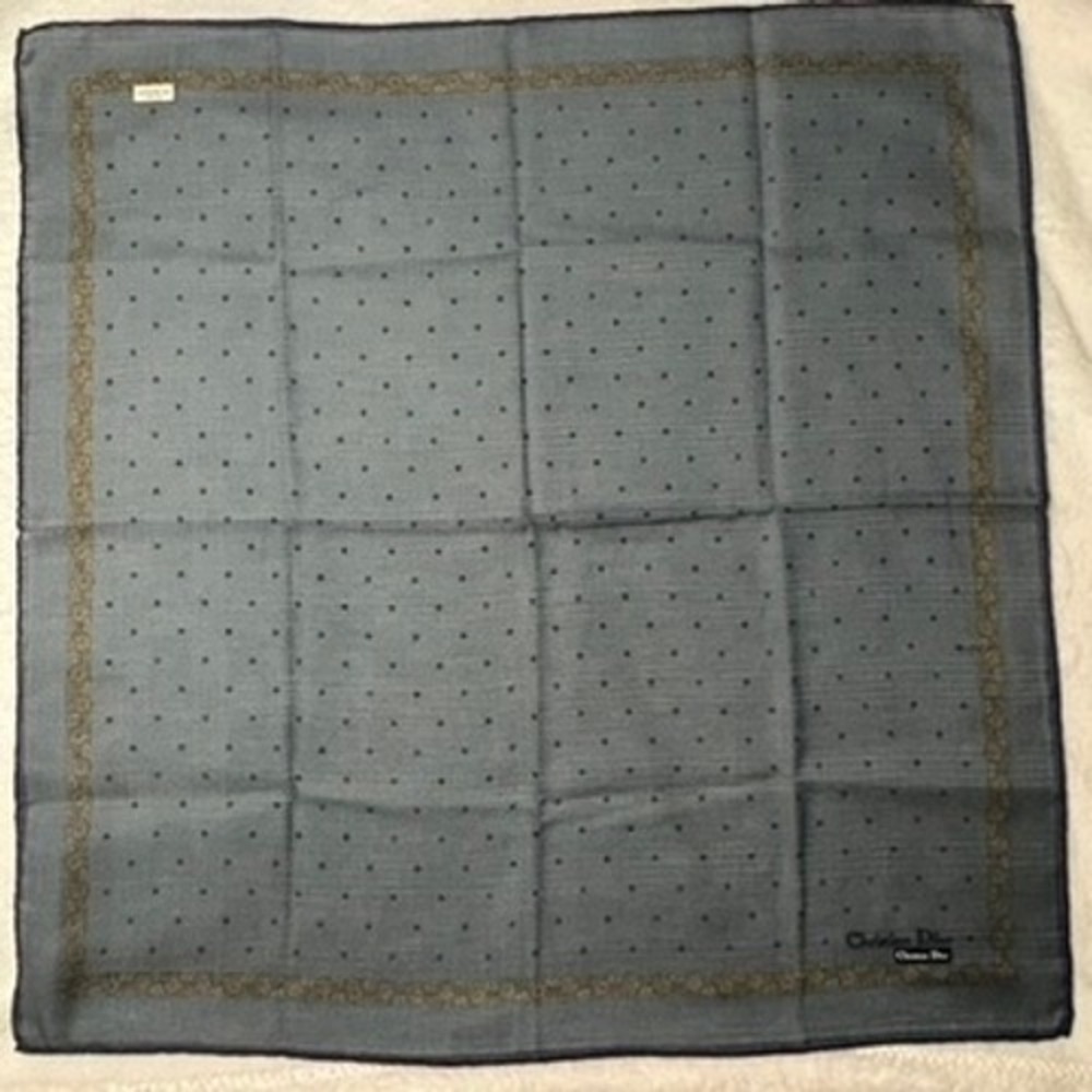 Vtg CHRISTIAN DIOR Scarf Handkerchief Polka Dot Blue Grey 19.5"